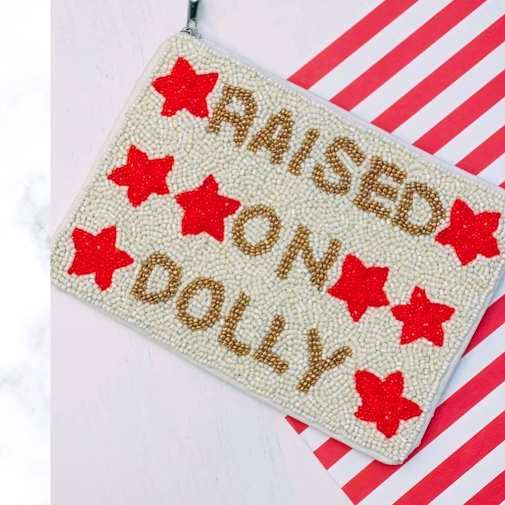 RAISED ON DOLLY Parton Zipper Top Storage Pouch Bag Seed Beaded Purse NEW